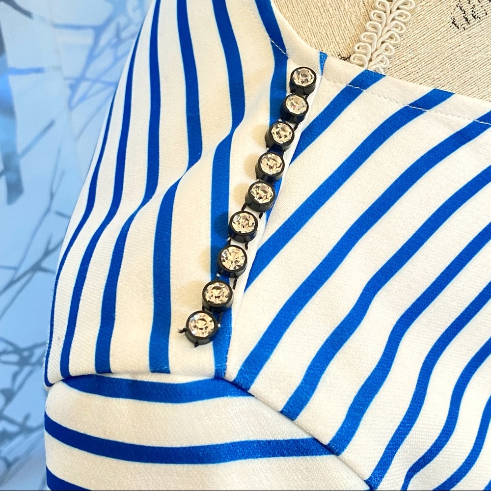 Maje white blue stripe rhinestone row shoulder detail long sleeve sweater top - Picture 3 of 14